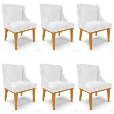Imagem de Kit 6 Cadeiras Estofadas Base Fixa de Madeira Castanho Lia Sintético Premium Branco - Ibiza