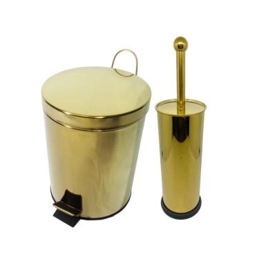 Imagem de Kit Lavabo Inox Dourado Lixeira Pedal 12L E Escova Sanitaria