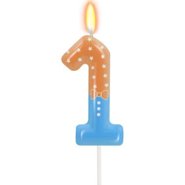 Imagem de Vela de 1º aniversário azul laranja para meninas e meninos - vela número 1, decorações de bolo, tema de animação iluminada infantil, velas de aniversário com tema de desenho animado infantil