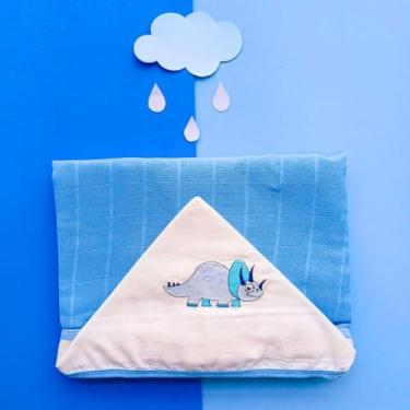 Imagem de Toalha de Banho Bebê com Capuz Bordado Fralda Soft 100% Algodão Praia Piscina (Dinossauro Azul)