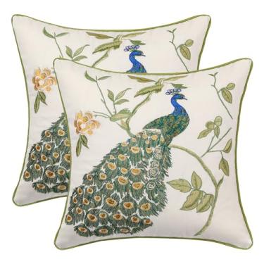 Imagem de Holibeat Capas de almofada bordadas pavão 45,7 x 45,7 cm fronhas decorativas de primavera (pacote com 2) (branca)