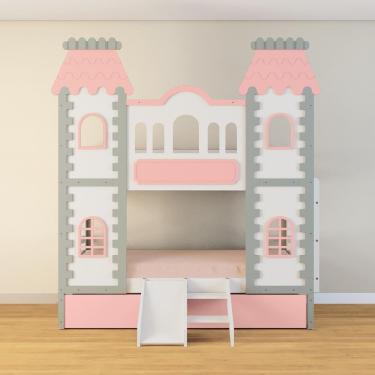 Imagem de Beliche Castelo Encantado 02 Gavetas Rosa Kit Escada/Escorregador - Madeira Maciça Branco/Cinza/Rosa | Housin