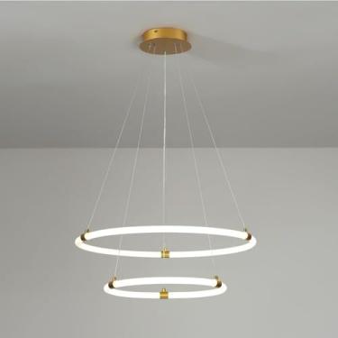 Imagem de Lustre LED moderno 3 anéis redondo circular pendurado luz pendente V-intage dourado moderno lustre de teto para entrada sala de estar quarto hall cozinha ilha, 15,7" 19,6", 40+60 cm