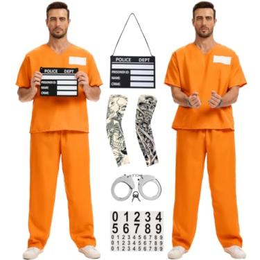 Imagem de Slivomi Fantasia de prisioneiro masculina laranja para dia das bruxas, fantasia de presidiário, uniforme de prisão, Manga curta, 3G