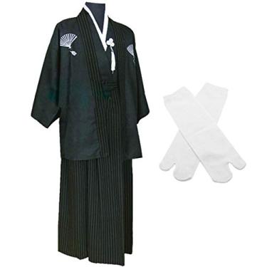 Imagem de Kimono japonês Samurai Hakama Bushi uniforme masculino com conjunto de meias Tabi (CHF010), Preto, XS(Asia S)