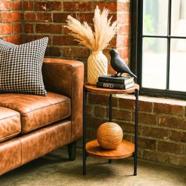 Imagem de Mesa Redonda Lateral Madeira Maciça E Ferro Estilo Industrial - TB