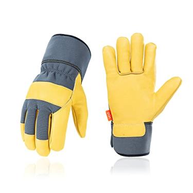 Imagem de Vgo 1 par de luvas de trabalho de couro de vaca de segurança sem forro masculinas, luvas Rigger, luvas de construção, luvas de jardinagem (tamanho M, cinza amarelo, CA3501)