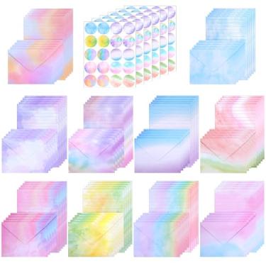 Imagem de Conjunto de 320 papéis de papelaria com envelopes, (100 papéis de papelaria de dupla face + 100 envelopes correspondentes + 120 adesivos redondos) 10 designs, suprimentos para caneta (aquarela, 14 x