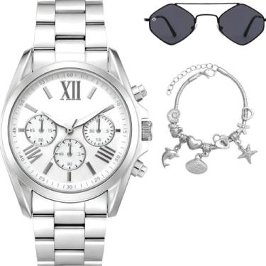 Imagem de Relogio Aco Prata Inox Feminino Oculos + Pulseira Caixa pingente protecao uv inoxidavel