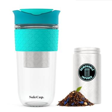 Imagem de SoleCup. Caneca de viagem grande, infusor de chá solto - Coador de chá removível com tampa à prova de derramamento - 530 ml, copo de café de viagem de vidro reutilizável sem BPA com faixa de silicone