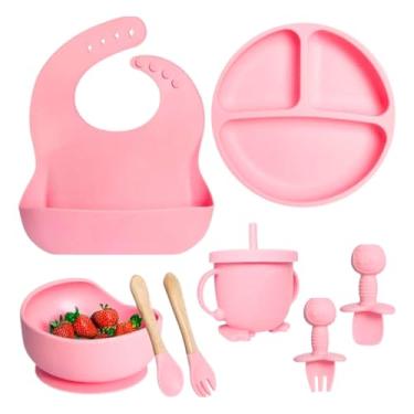 Imagem de Kit Introdução Alimentar Bebê 8 Peças Prato + Bowl Babador Copo + Tampa com Canudo + 2 Talheres + 2 Talheres Ponta Silicone Cabo de Madeira 100% Silicone Antitóxico Premium (Rosa)