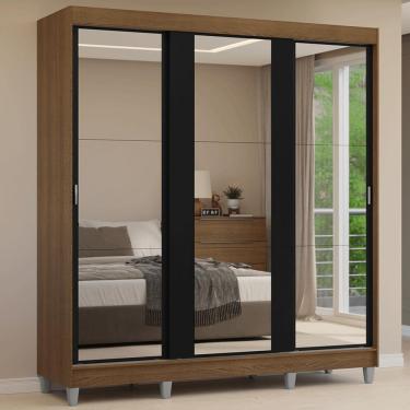 Imagem de Guarda-Roupa Casal com Pés 3 Portas de Correr de Espelho Rustic/Preto Reno Madesa
