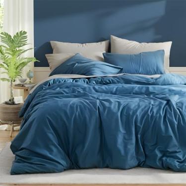 Imagem de Cozaline Conjunto de edredom king 100% algodão – azul escuro, textura semelhante a linho, super macio e respirável, conjunto de cama leve, 3 peças de percal durável para todas as estações