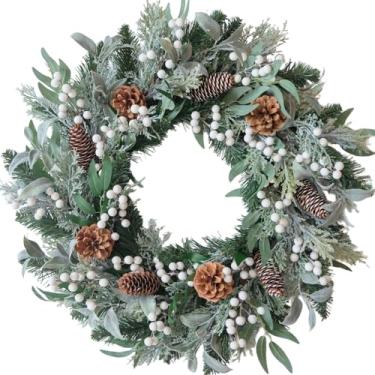 Imagem de Egolot Guirlanda de Natal de inverno de 61 cm para porta da frente, guirlanda de pinheiro verde de inverno com pinhas, frutas brancas para ambientes internos e externos, guirlandas rústicas de Natal e