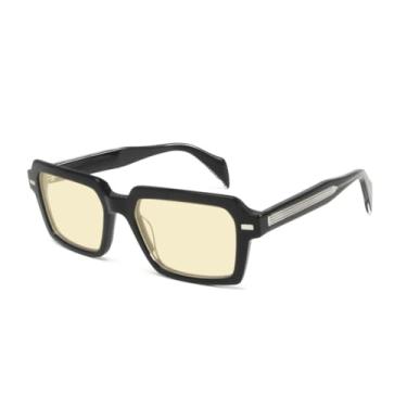 Imagem de HCHES Óculos de sol retangulares masculinos artesanais de acetato com rebite feminino UV400 (preto e amarelo)