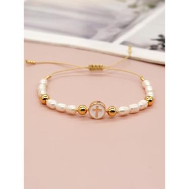 Imagem de Pulseira feminina ajustável com contas douradas delicadas e cruzadas, feita à mão, boêmio, pérola, presente Havaí, moderno, baile, joias, Medium, Latão, Sem Pedra Preciosa