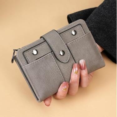 Imagem de Carteira feminina pequena de couro dobrável com porta-cartões multi mini bolsa de armazenamento feminina com zíper e janela dobrável para identidade, Cinza, Carteira pequena
