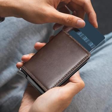 Imagem de Carteira masculina com suporte para cartão pop-up, carteira de poliuretano com bloqueio de RFID, design fino e minimalista com compartimento para dinheiro, bolso frontal para homens, comporta de 9 a