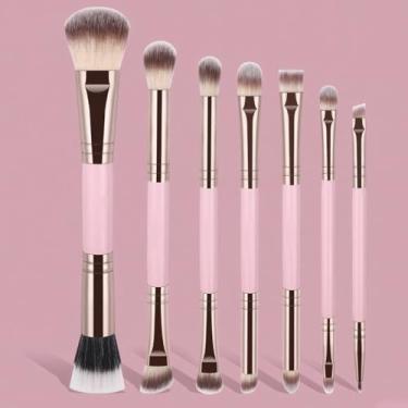 Imagem de Conjunto de pincéis de maquiagem 7 peças de pincéis de maquiagem dupla face para base, corretivo, sombra, contorno, bronzeador, pó, delineador de sobrancelha (rosa)