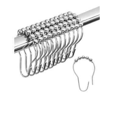 Imagem de 12 peças de anéis prateados de cortina de chuveiro, ganchos de chuveiro de metal resistente à ferrugem para cortinas de varões de chuveiro de banheiro, conjunto de 12 ganchos, prata