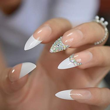 Imagem de Pregos Stiletto Press On Nails With French Tips Stones Nude Brilhante Longo Acrílico Stick On Nails Cobertura Completa Manicure