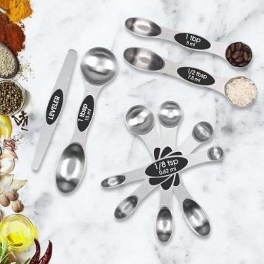 Imagem de Conjunto de 8 colheres de medição magnéticas de aço inoxidável com nivelador, colher de chá de metal dupla face e colheres de sopa, utensílios de cozinha para assar e cozinhar