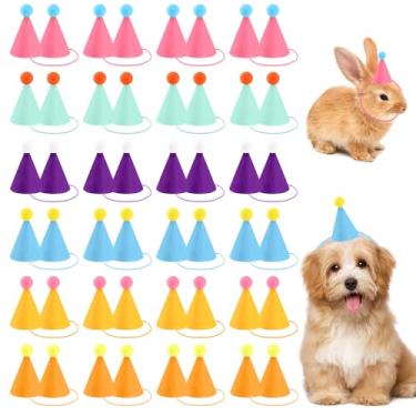 Imagem de 48 mini chapéus de festa para animais de pelúcia, chapéus de cone de festa de aniversário para bonecas, cães, gatos, coelhos, filhotes, decorações de aniversário de animais variados e acessórios de