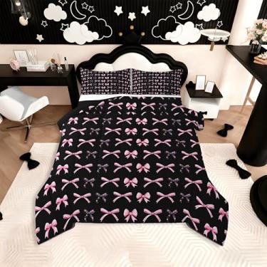 Imagem de Feelyou Conjunto de cama com laço rosa macio para meninos e meninas, conjunto de edredom com laço fofo, tamanho casal, Grils, nó de laço, edredom de microfibra, decoração de quarto, 3 peças com 2