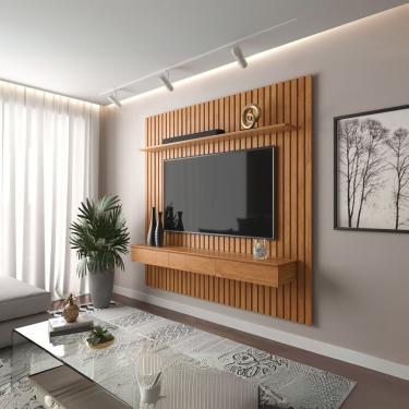 Imagem de Painel Ripado Para Tv Até 55” Home Antares Nicho 3 Gavetas E Prateleira Fixação Na Parede Patrimar Cinamomo