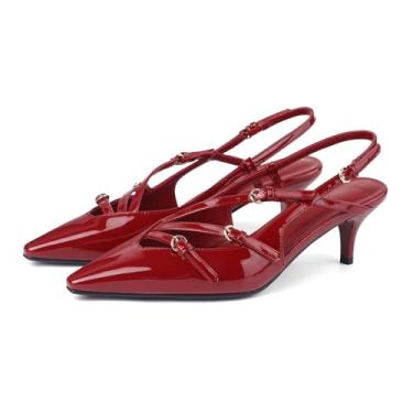 Imagem de CORNMOOD Salto gatinho Slingback feminino salto agulha bico fino com tira de fivela sandálias de salto alto sexy, Vermelho baixo, 40