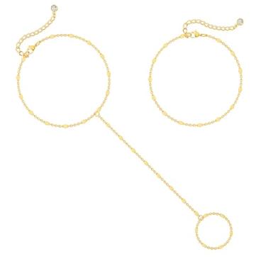 Imagem de DEARMAY Pulseira de corrente de mão banhada a ouro 14K para mulheres na moda, pulseiras delicadas de prata hipoalergênica, pulseira de dedo e unhas, joia simples, 6.5", Banhado a latão com ouro 14K