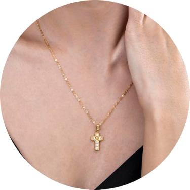 Imagem de Colar feminino com pingente de cruz de ouro banhado a aço inoxidável 18K com detalhes em zircônia, vários estilos de cruz, joia em camadas para presente, 14 Inches, Aço inoxidável, Sem Pedra Preciosa