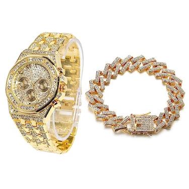 Imagem de Halukakah Diamonds Gold Watch Iced Out, pulseira masculina de quartzo banhado a ouro real 18 k de 20 mm de largura, 22 cm, com opções de conjunto de pulseira de colar de elos cubanos, caixa de