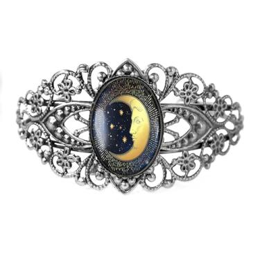 Imagem de Pulseira de filigrana lua crescente - Acessório celestial feito à mão, bronze antigo prata ou preto, joias de vidro vintage estilo vitoriano feitas à mão - 615-CB, Adjustable, Vidro, Sem Pedra