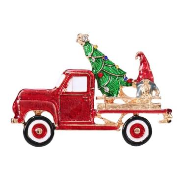 Imagem de RareLove Broche vintage caminhão vermelho com árvore de Natal, Papai Noel, alfinetes e broches de Natal para mulheres strass dourado lindo broche esmaltado