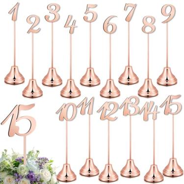Imagem de Maitys 15 peças de números de mesa de metal 1-15 com base ponderada, número de mesa de 20 cm suportes para recepção de casamento, festa, aniversário, banquete de aniversário (ouro rosa)