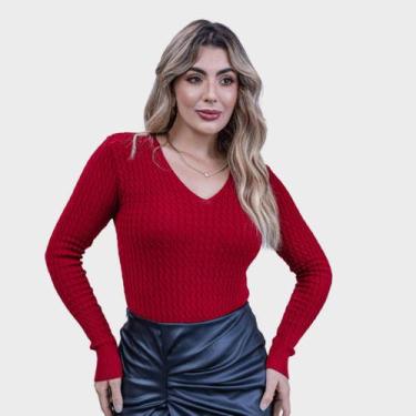 Imagem de Blusa Feminino Trancinha Modal Gola V - NET TRICOT, Vermelho escuro