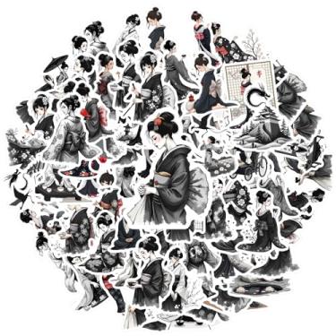 Imagem de 70 peças Gueixa tradicional cultura japonesa quimono artístico cultura japonesa adesivos artísticos monocromáticos para telefone faça você mesmo, guitarra, notebook, mala, copo, laptop, motocicleta