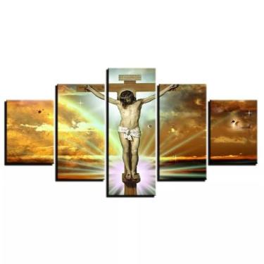 Imagem de Kit quadro decorativo 5 peças 95x60cm Jesus Cristo Na Cruz Jesus Salvador