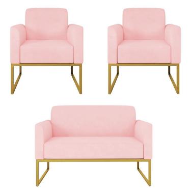 Imagem de Kit Namoradeira E 2 Poltronas Decorativas Base Industrial Dourada Maressa S19 Suede Rosa Bebê - Ibiza
