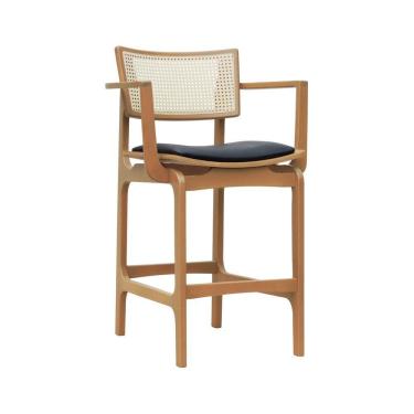 Imagem de Banqueta Alta Bistrô Apollo Com Braços Encosto Telinha Natural E Assento Anatômico - Natural Estofado Corano Preto