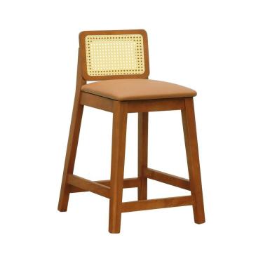 Imagem de Banqueta Média Gabi Madeira Maciça Telinha Natural - Amêndoa Assento Estofado Corano Caramelo