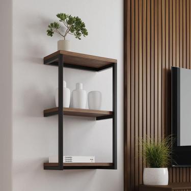 Imagem de Nicho De Parede Industrial 3 Prateleiras Milão Preto E Imbuia Preto