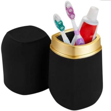 Imagem de Porta Escova, Suporte Pasta de Dente com Tampa Bancada Banheiro Lavabo(Preto/Dourado)