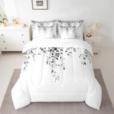 Imagem de Conjunto de lençol de eucalipto preto e branco com edredom de 7 peças, folhas de plantas em aquarela, moderno, minimalista, elegante, para crianças, adolescentes, mulheres, decoração de fazenda