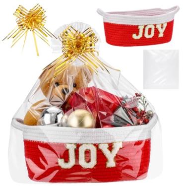 Imagem de Qinyoung 1 conjunto de cesta de presente de Natal conjunto de embrulho vazio pequeno cesta de corda de algodão com fita de saco de presente 30 x 20 x 12 cm organizador de armazenamento de tecido com