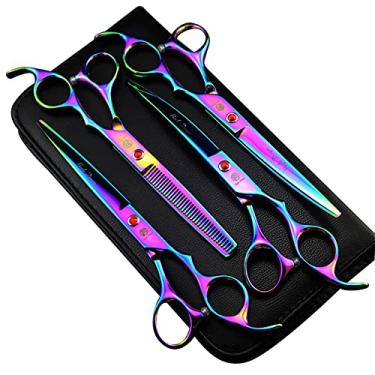Imagem de Kit de tesouras profissionais de 18 cm, 4 peças, aço premium japonês, lâmina de corte de cabelo de cachorro reta, curva e afinada, conjunto com estojo