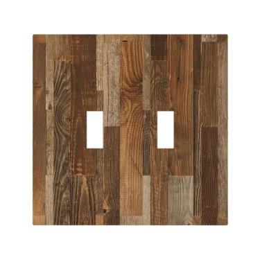 Imagem de Capas decorativas para placa de interruptor rústico marrom grão de madeira 2 gangues interruptor de luz dupla placa de tomada elétrica para decoração de cabine de fazenda