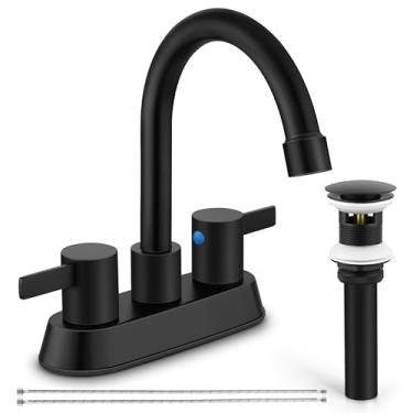 Imagem de Torneira de banheiro preta fosca para pia 3 furos, Homikit 10 cm 2 alças conjunto central torneiras de pia de banheiro com ralo pop-up e linhas de suprimento para lavatório de fazenda RV Vanity