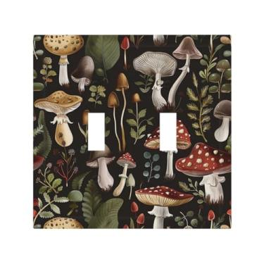 Imagem de JDAKHD Capa de interruptor de luz decorativa de cogumelo retrô de 2 gangues preta vintage flor floral planta botânica casa de fazenda placa de parede com interruptor duplo para casa, porão e